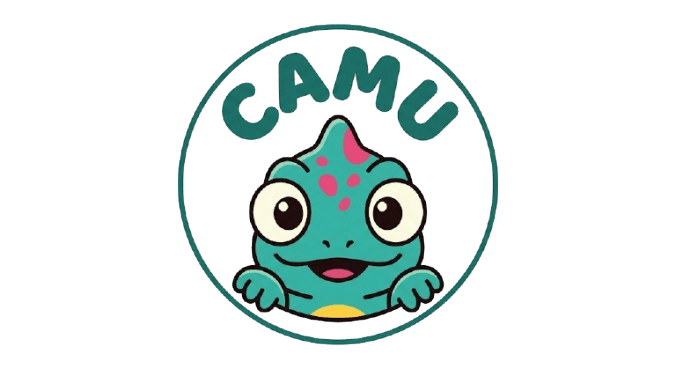 Leon, mascote camaleão da Camu, acenando